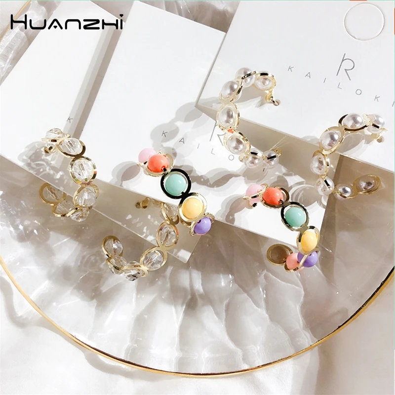 

HUANZHI Transparent Crystal Imitation Pearls Colorful Dots Cute Vintage Hoop Earrings for Women Girls Party Travel Jewelry Gifts