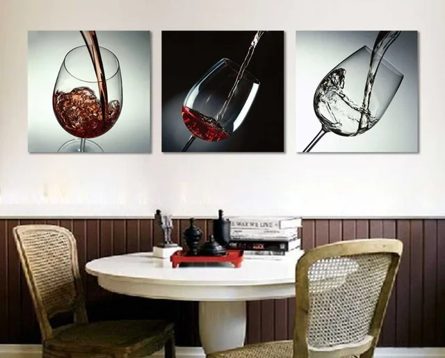 3 Piece Modern Kitchen Canvas Paintings Red Wine Cup Bottle Wall Art