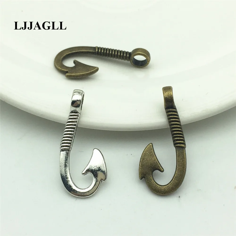LJJAGLL 15pcs Metal Alloy Bronze Silver 14*30mm Diy Big Fish Hook Charm Pendant Jewelry Bracelet