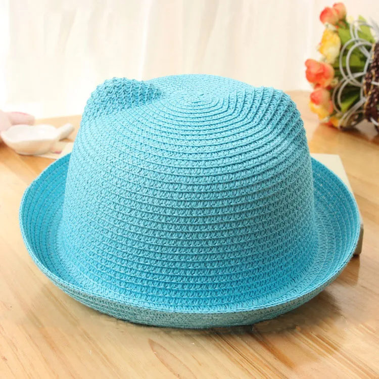 sky blue Милая Детская шляпа с кошачьими ушками; летняя Соломенная Панама для девочек; детская пляжная Панама; Casquette Enfant - Цвет: sky blue