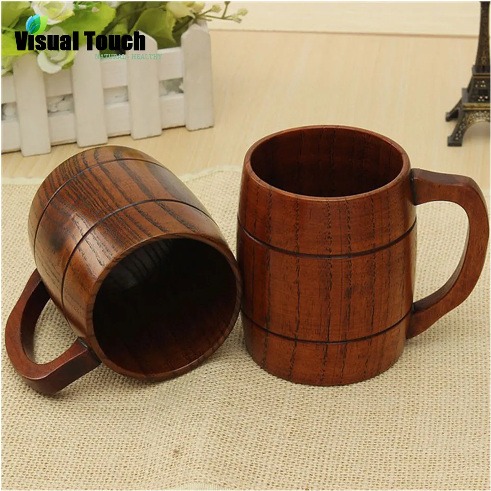 

Visual Touch 2PCs Wooden Beer Mug Cup with Handle Wood cask Barrel Beer keg Coffee Tea Milk Drinking Mug Cup Breakfast
