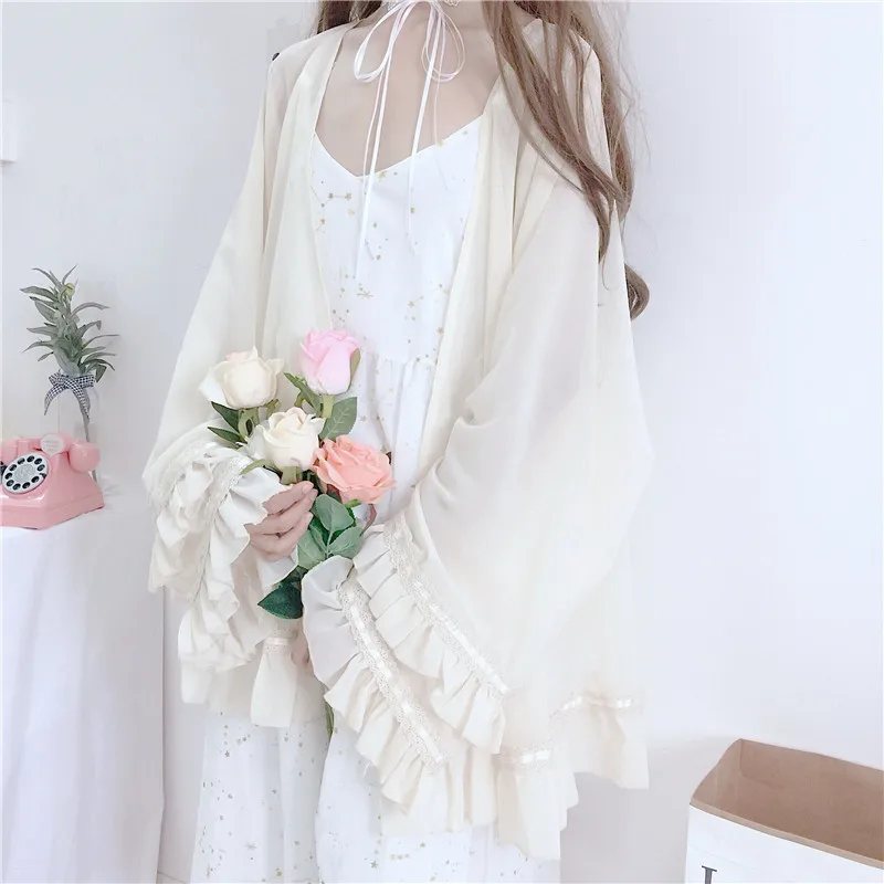 

Girls Two Piece Sets 2018 Japan Summer New Women's Midi Strap Dress & Chiffon Shirts Suits Loose Cardigan Fashion Casual Suits