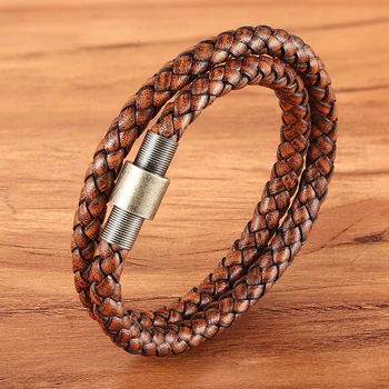 

TYO Stainless Steel Mens Bracelets Jewelry Classic Metal Clasp Multilayer Braided Leather Bracelets Brown Color