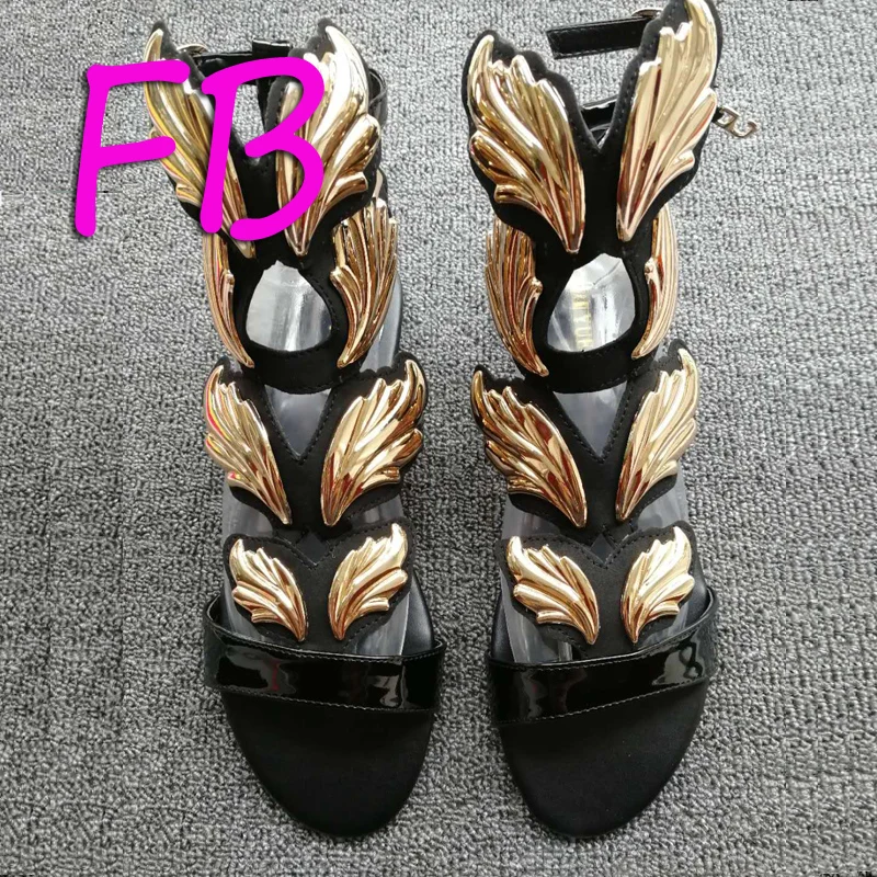 

Flame Shoes Gold Wedges Wings Shoes Gold Leaf Sandal Woman Shoes Metal Wings Flame Ankle Strap Cork Sandals 2019 Large Size