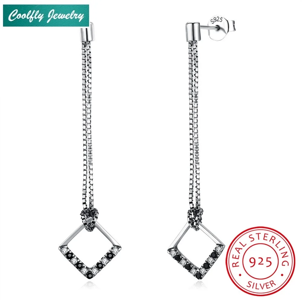 

Romantic 925 Sterling Silver Square Long Stud Earrings For Women Trendy OL Style Dress Chain Ear Fashion Jewelry Gifts Bijoux