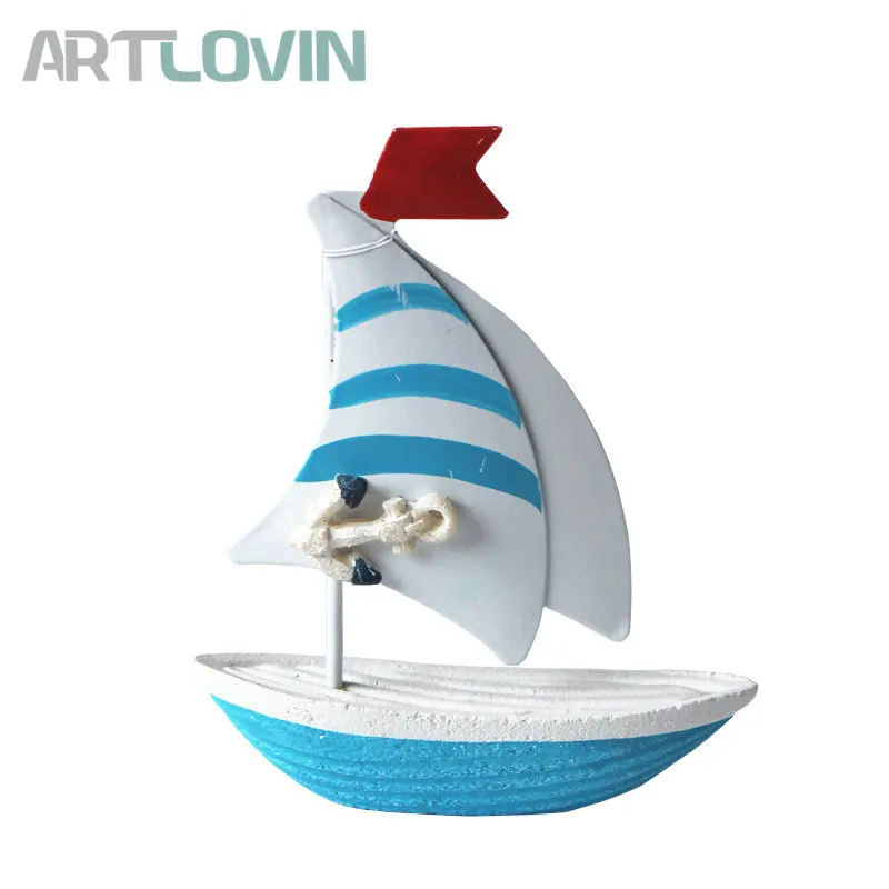 

Mediterranean Sea Style Boat Miniature Nautical Wooden Blue Sailing Boat Model Resin Crafts Ornaments Party Home Room Decoration