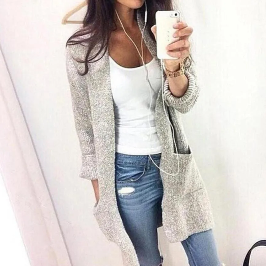 

Women Long Cardigan Coat Long Sleeve Casual Loose Sweater Jacket Grey Slim Open Stitch Knit Coat Outfit Autumn Winter