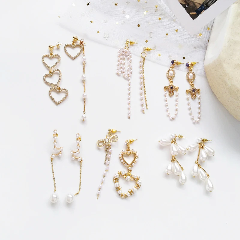 

Korean temperament long pearl metal pendant earrings fashion sandwich bow pearl earrings sweet beauty fashion jewelry gifts