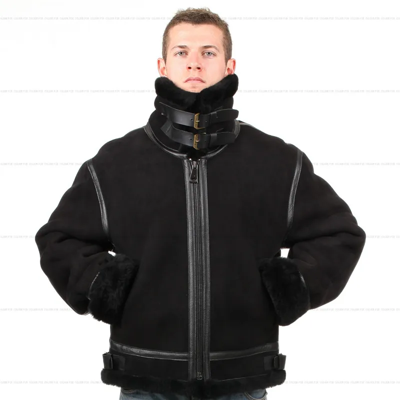 B3 овечья кожа куртка Бомбер мех пилот мир II Летающий авиация воздушный военный США Сила самый теплый Полярный пальто для мужчин и женщин - Цвет: Black sanding leathe