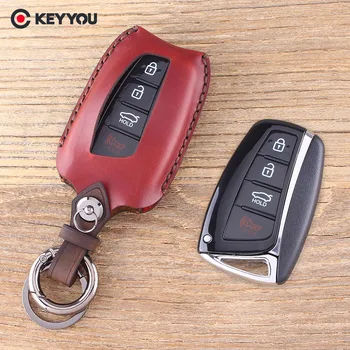 

KEYYOU Key Shell Car Key Case Fob 4 Buttons Genuine Leather For Hyundai Genesis Santa Fe Equus Azera Solaris Ix35 Ix45 Accent