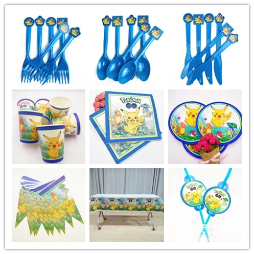 

82pcs/set Pikachu Kids Birthday Party Supplies Plate&Cup Tablecloth Flag Fork Spoon Straw Napkin Decoration Party Favors