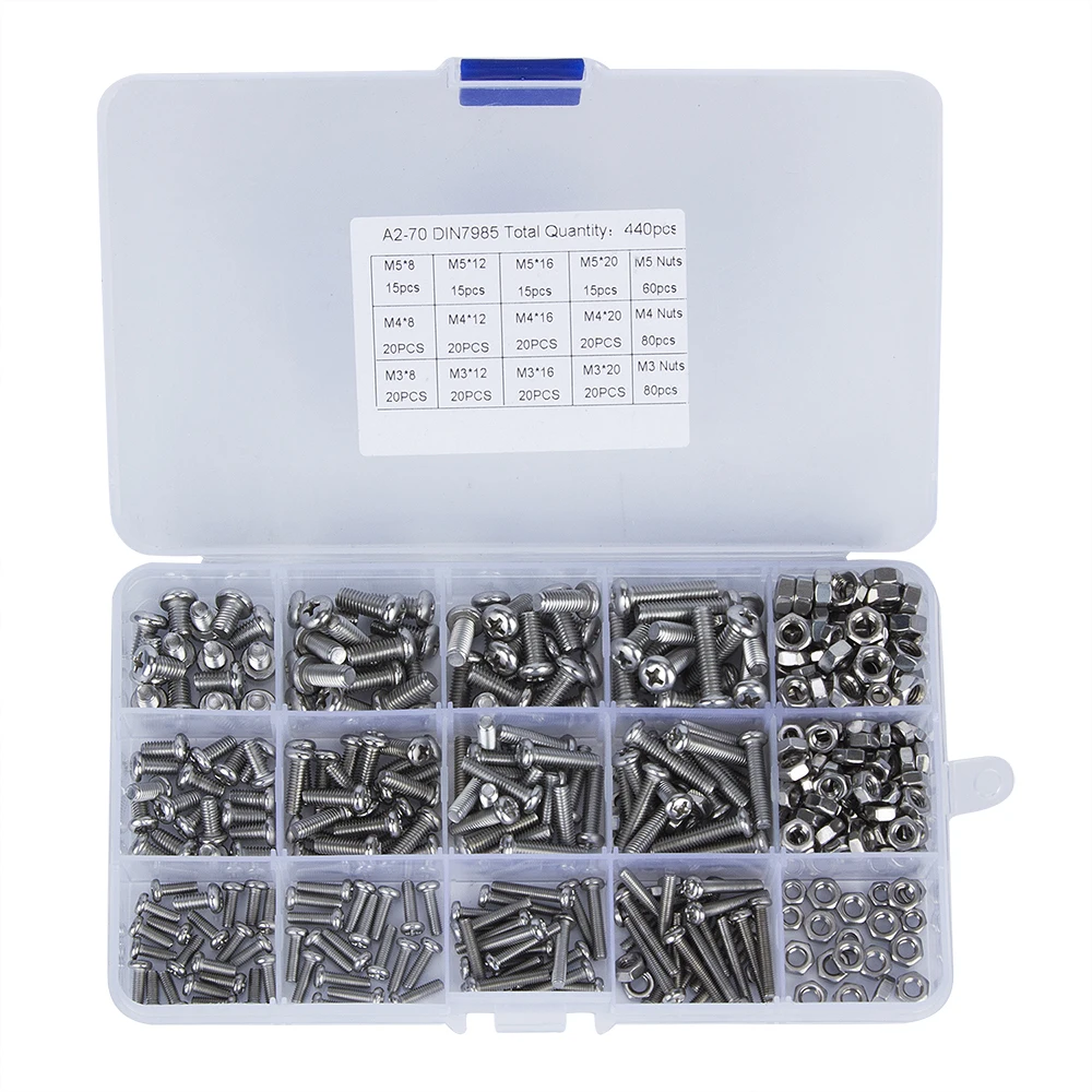 

440Pcs M3 M4 M5 304 Stainless Steel Hex Socket Cap Bolts Screw and Nut Assortment Kit with Plastic Storage Box