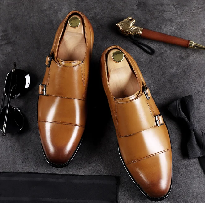 Robe Véritable De Hommes Pointu D'affaires Gentleman brown Conception Boucle Solides En Noir Bout jaune Qualité Chaussures Z340 Cuir Appartements E6qYw4