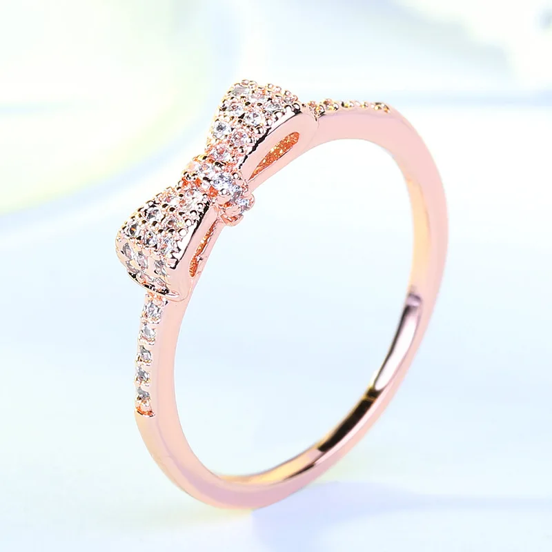 

2 color Authentic Rose gold color Sparkling Bow Knot Stackable Ring Micro Pave CZ for Women Wedding Jewelry