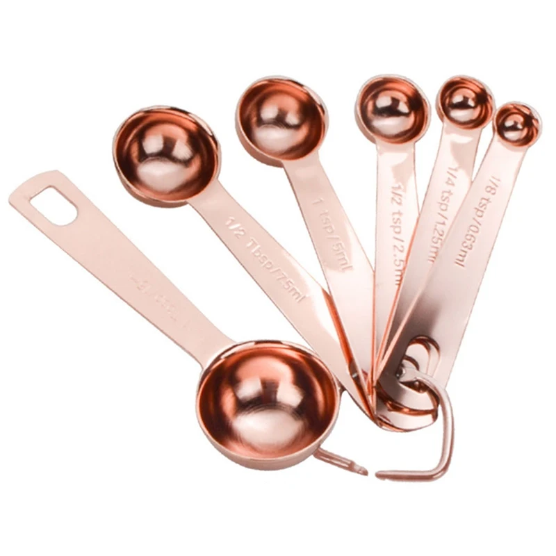

New Arrival 6PCS/1Set Rose Gold Color Stainless Steel Measuring Spoon Tea Scoop Teaspoon Baking Cooking Kitchen Tool