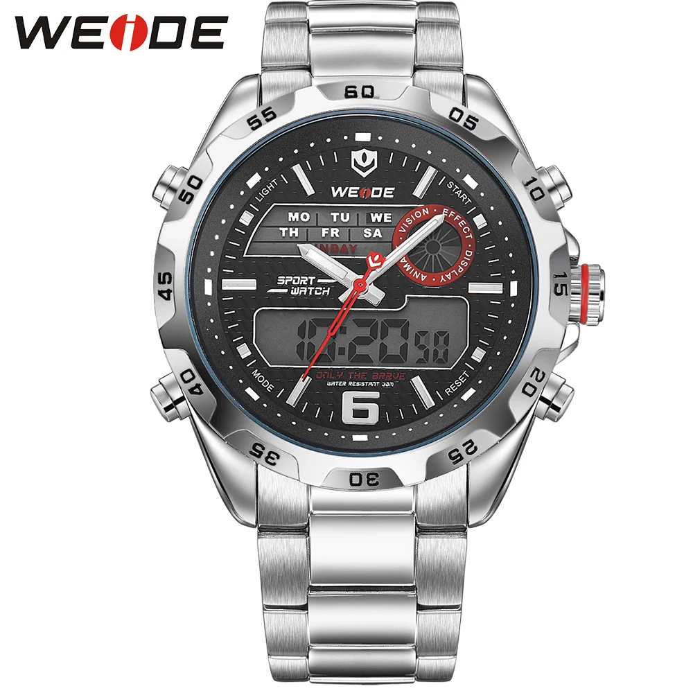 

WEIDE Multifunctional Mens Analog Back Light LCD Digital Display Watches 3ATM Stainless Steel Wrist Band Outdoor Sports For Men