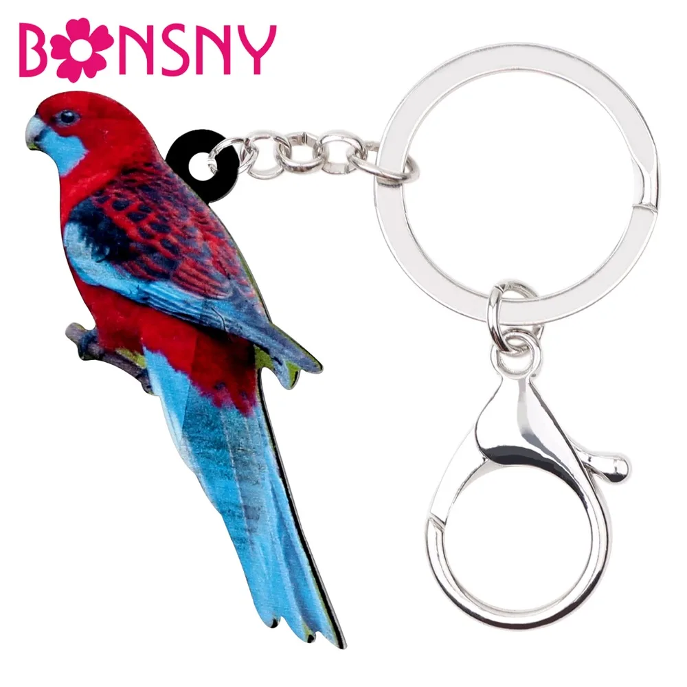 

Bonsny Acrylic Crimson Rosella Parrot Bird Key Chains Keychain Ring Holder Tropic Animal Jewelry For Women Girls Bag Car Charms