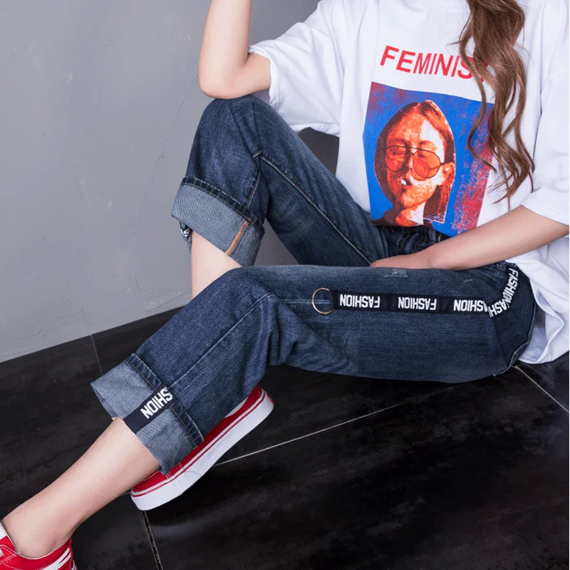 Mom Jeans with stripe summer 2018 women jeans with side pockets Wide Leg Pants mid rise new arrival denim trousers AA3503 a