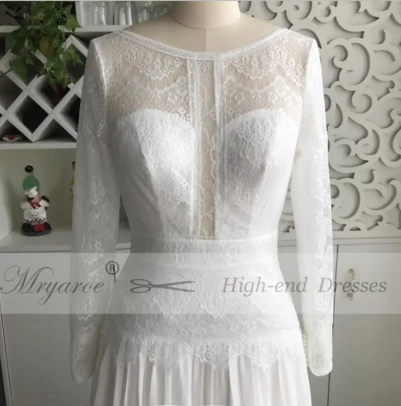 Mryarce Бохо шикарное эксклюзивное кружевное деревенское Свадебное Платье Иллюзия Длинные рукава открытая спина свадебные платья - Цвет: Off White