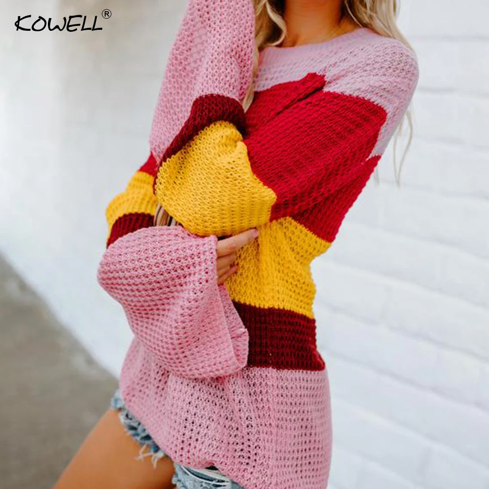 Elegant Women Winter Autumn Long Sleeve Knitted Three Colors Patchwork Sweater Loose pullover Sweater Daily Top Womens Sweaters Elegant Women Winter Autumn Long Sleeve Knitted Three Colors Patchwork Sweater Loose pullover Sweater Daily Top Womens Sweaters