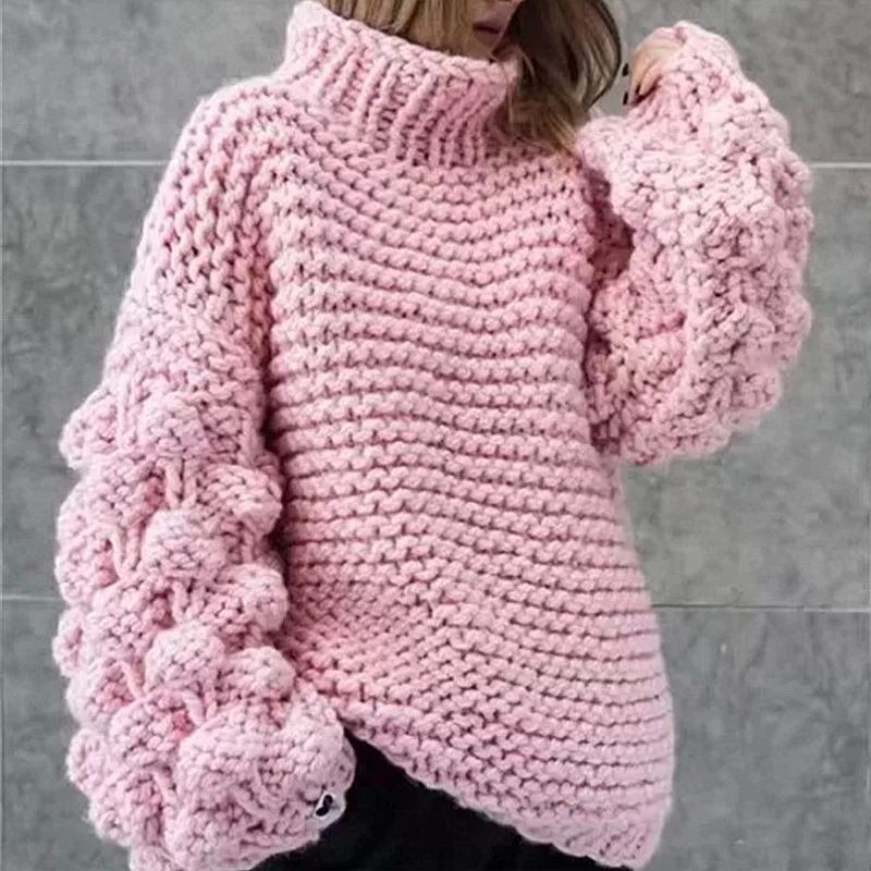 Neploe, ручная вязка, Одноцветный женский свитер, свободный, теплый, с пышными рукавами, для девушек, пуловеры, новинка, Осень-зима, модный, Sueter Mujer 68635 - Цвет: pink sweater
