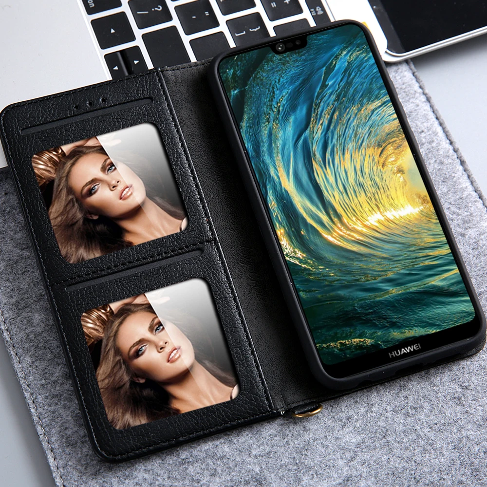 Магнитный кожаный чехол для телефона Huawei P20 Lite черный серый книжка