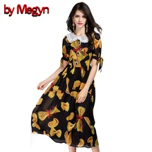 Por Megyn Mulheres Floral Impressão Sopro Vestido de Manga Outono Vestidos de Manga Curta Rendas Turn-Down Collar Vestido Vintage Retro DG209