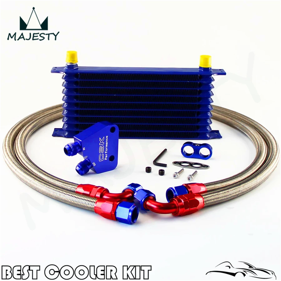 Universal 10 Row Engine Oil Cooler Kit + Sandwich Plate adapter Blue