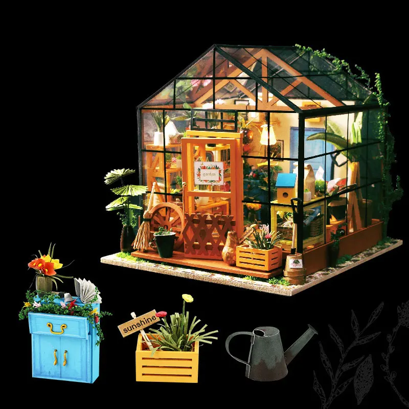

Fashion DIY Dollhouse For Children Kathy's Green Garden With Furniture Miniatura Doll Houses Toys LED Lights Birthday Gift