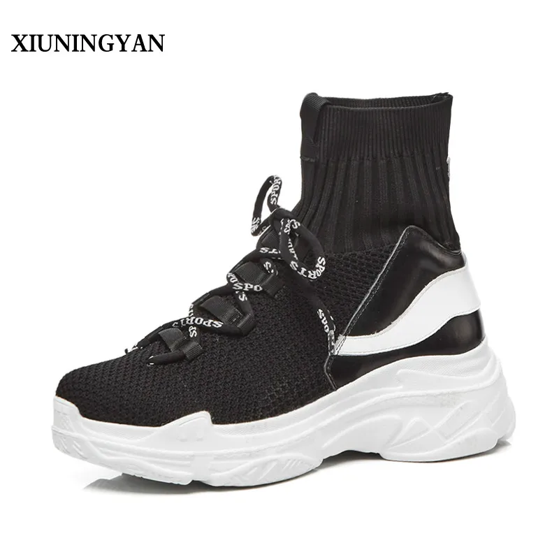 

XIUNINGYAN 2018 New Fashion Casual Shoes Women Elastic High Boots Lace Up Flat Ankle Boots High-top Sneakers Women Sock Boots