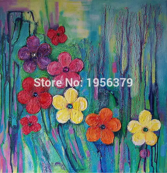 

Red Yellow Blue Flowers Among the Dense Leaves of Animated Landscape High Quality Modern Flower Oil Painting on Canvas Art