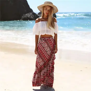 

Boho Split Flower Print Women Skirt High Waist Sexy Beach Asymmetrical Long Skirt Summer Style Female Stripe Party Maxi Skirt