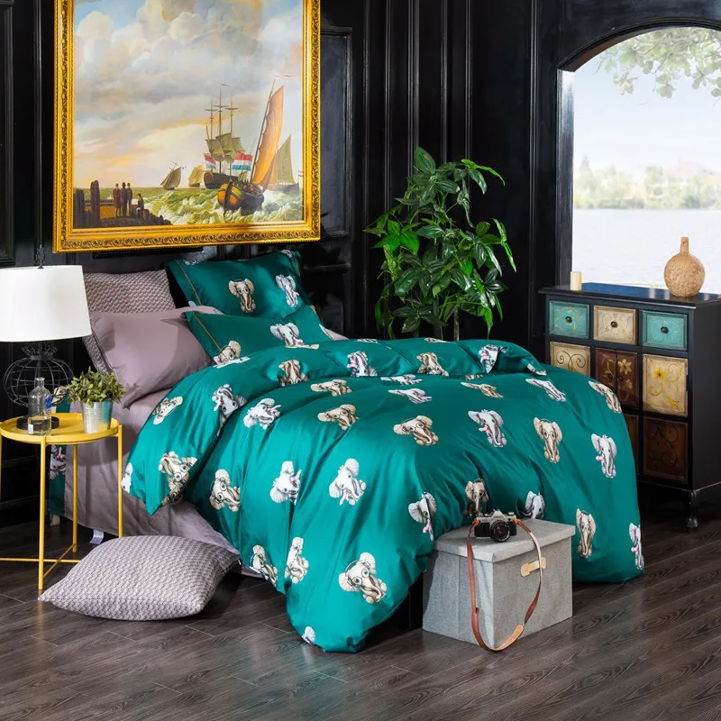 القطن المصري فرش أطفال مجموعة أغطية سرير المفرش الأخضر الفيل طباعة الكرتون أغطية غطاء لحاف المخدة