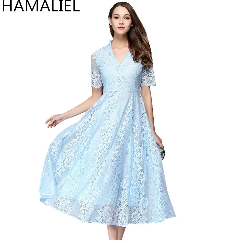 

European Style Brand Clothing 2018 Fashion Light Blue And Black Lace Hollow Out Short Sleeve Ladies V Neck Party Long Dress