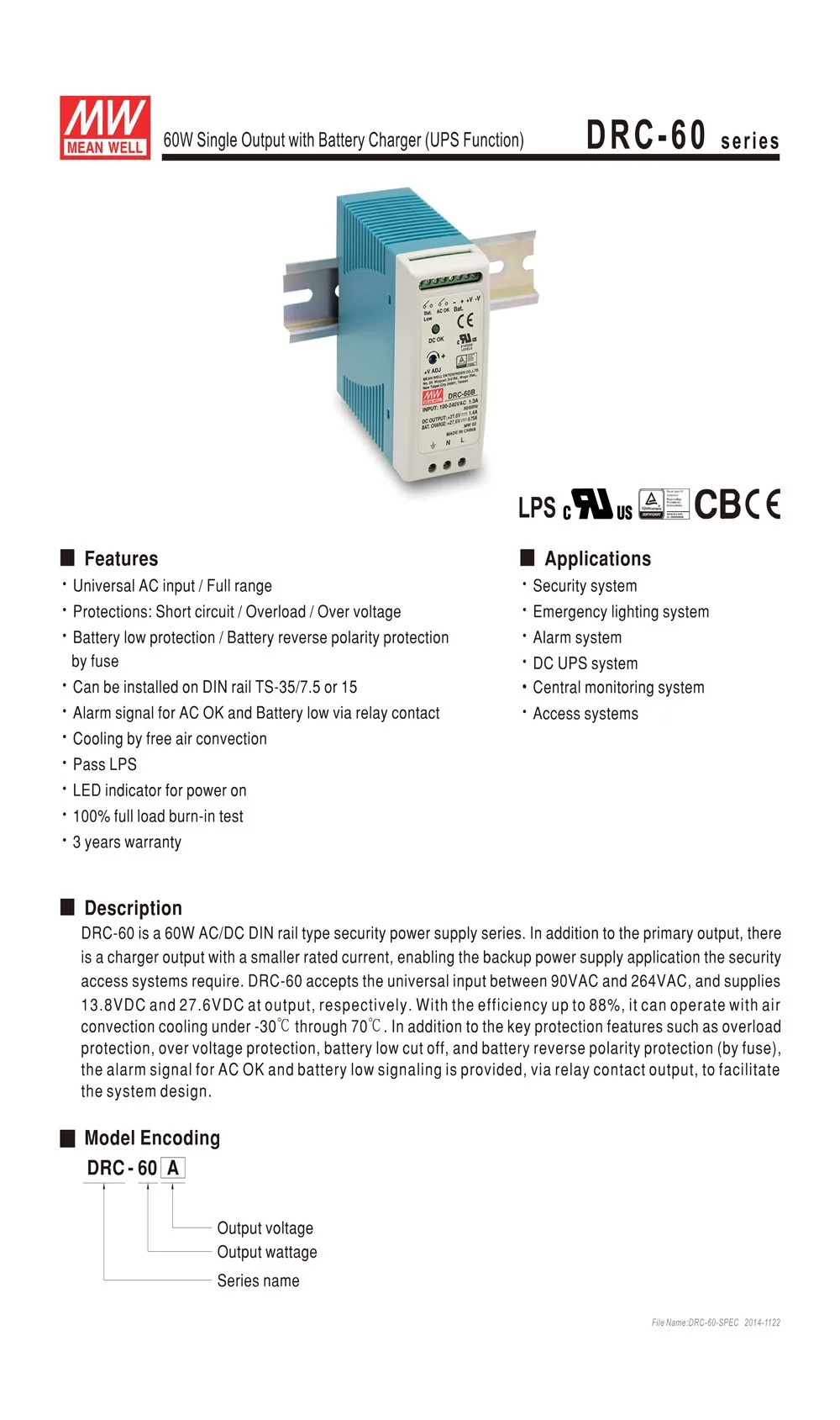 MEAN WELL DRC-60A 60W 13,8 V 2.8A 1.5A AC/DC meanwell din-рейку безопасности питания с зарядным устройством(функция UPS