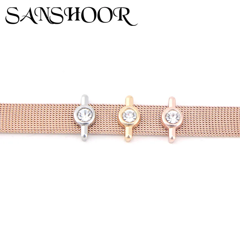 

SANSHOOR Jewelry Crystal Rhinestone Bezel Solitaire Slide Charms Fit Stainless Steel Mesh Bracelet for DIY Accessories Making