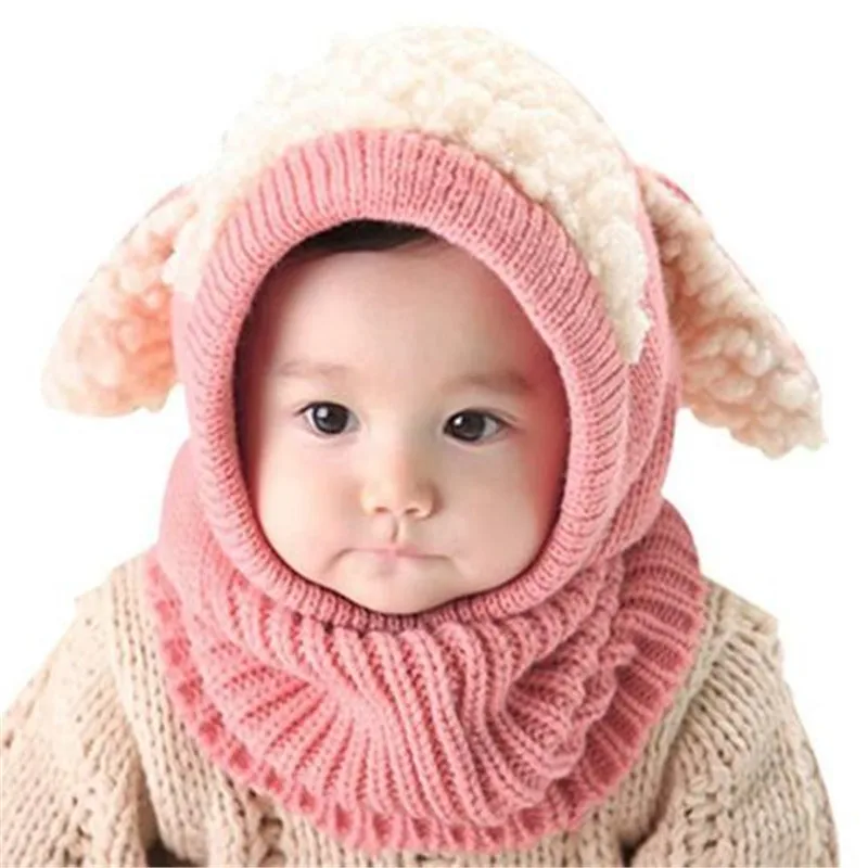 Детская шапка для мальчиков и девочек шапка Кепки милые 3D овец Уши Зима теплая шапка и шарф - Цвет: Розовый