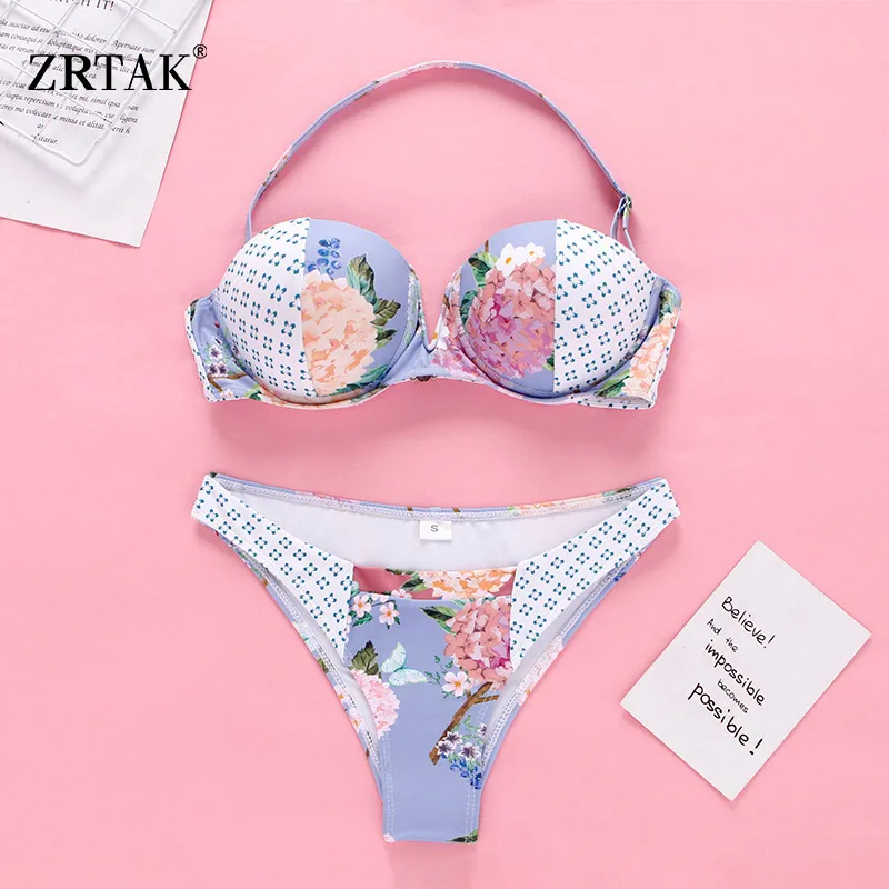 

Zrtak Sexy Bandeau Floral Bikini Push Up Stripe Swimsuit Female Bathing Suit Women Swimwear High Cut Biuiqni Feminino 2019 Thong