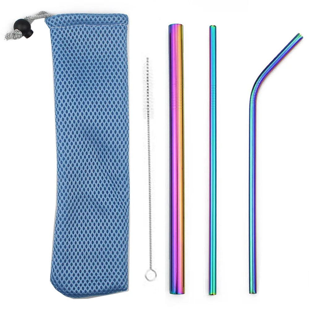 Rainbow 5Pcs Bubble Tea Stainless Steel Straw Reusable Drinking Straws Set Curved Metal Straws Bag with Brush For Smoothies Juice Tea - Цвет: Rainbow