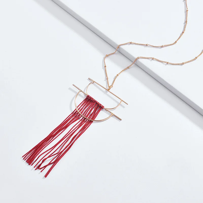 

Fashion Jewelry Tassel Long Chain Necklace Geometric Shape Metal Copper Tassel Pendant Statement Necklace For Women Gift