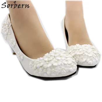 

Sorbern Ivory Beaded White Flowers Wedding Shoes Med Heels Pump Kitten Heel Bridal Shoes Slip On Lace Shoes Ivory Wedding Pump