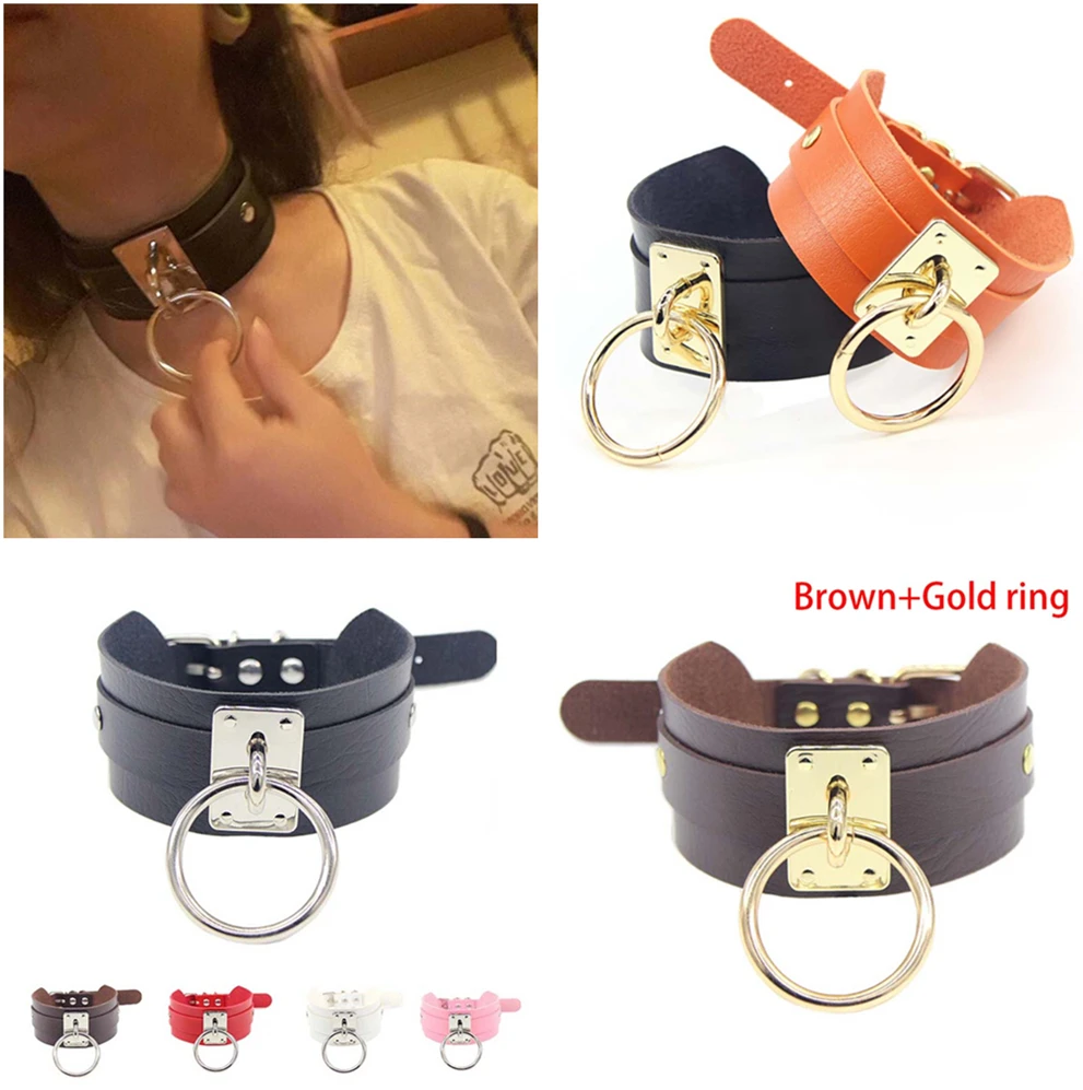 

Fashion Gothic Punk Style Wide Leather Single Ring Choker Collar Pendant Snap Fastener PU Leather