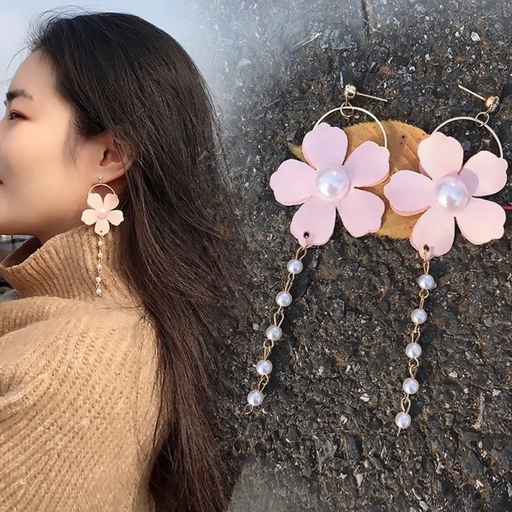 

Fashion Women Chiffon Flower Faux Pearl Circle Long Dangle Stud Earrings Jewelry Wholesale
