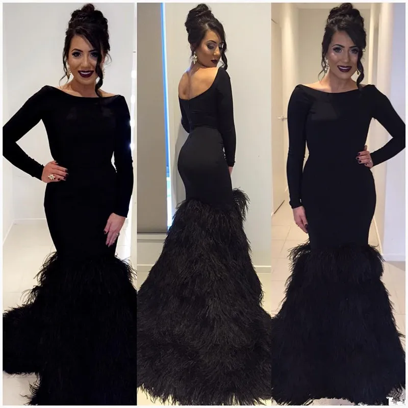 

2017 Sexy Saudi Arabia Black Feather Evening Dresses Scoop Neckline Low Back Vestido de Fiesta Women's Pageant Dress Prom Gowns