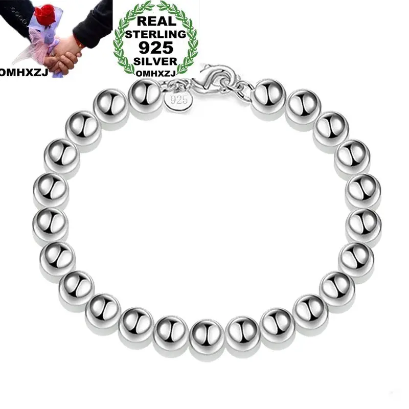 OMHXZJ, модные вечерние серебряные браслеты для женщин и девушек, 8 мм, Полые бусины, цепочка, 925 пробы, серебряный браслет BR04