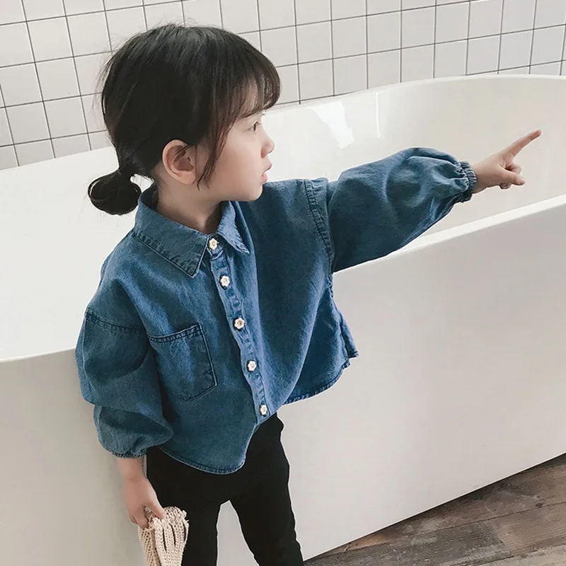 

Girls Denim Shirt Children Clothing Kids Fashion Blue Single Breasted Bow Shirt Girl Blouse Baby Jeans Shirt Long Sleeve Outfits