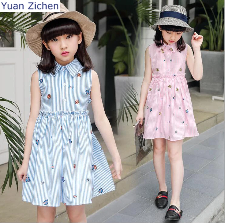 2017 Summer New Girls Clothing In The Big Children Stripes Dress Fashion Letter Girl Dresses Casual And Knee-length Sleeveless