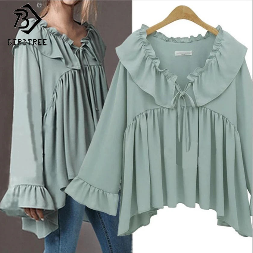

Sexy Chiffon Asymmetric Ruffles Blouses Women Tops Lace Up V Neck Green&Black Long Sleeve Blouse Casual Ladies Top Shirt T81627A