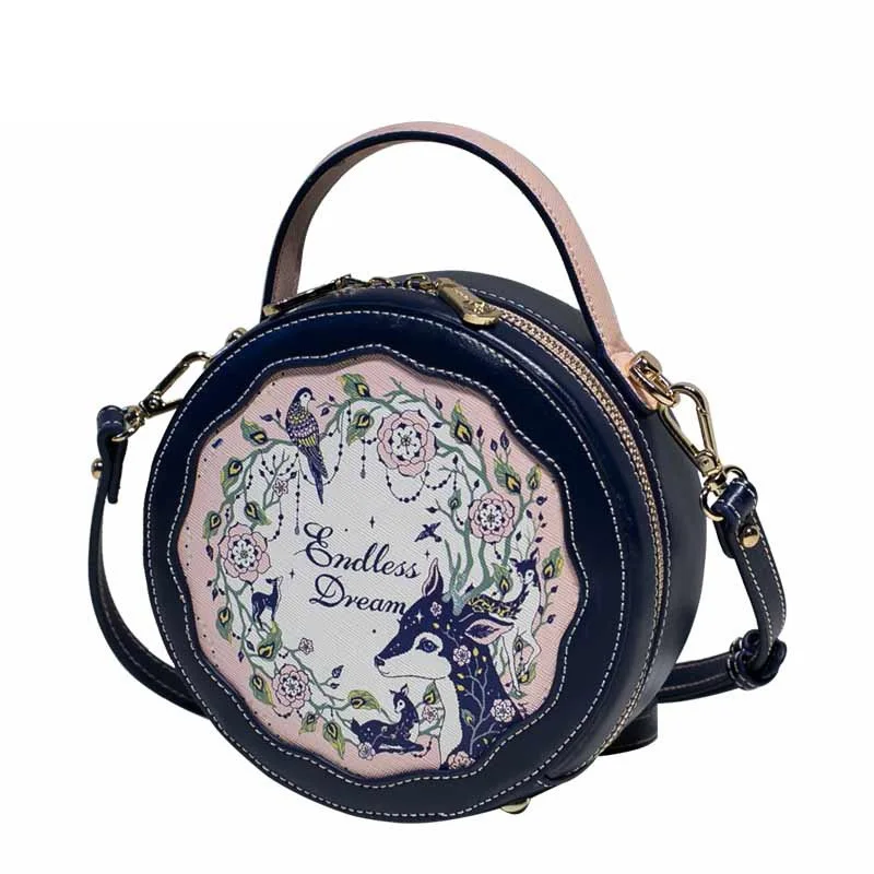 

Fashion Circle Bag Female 2019 New Round Messenger Handbag Coloured Deer Printed Flower Bag
