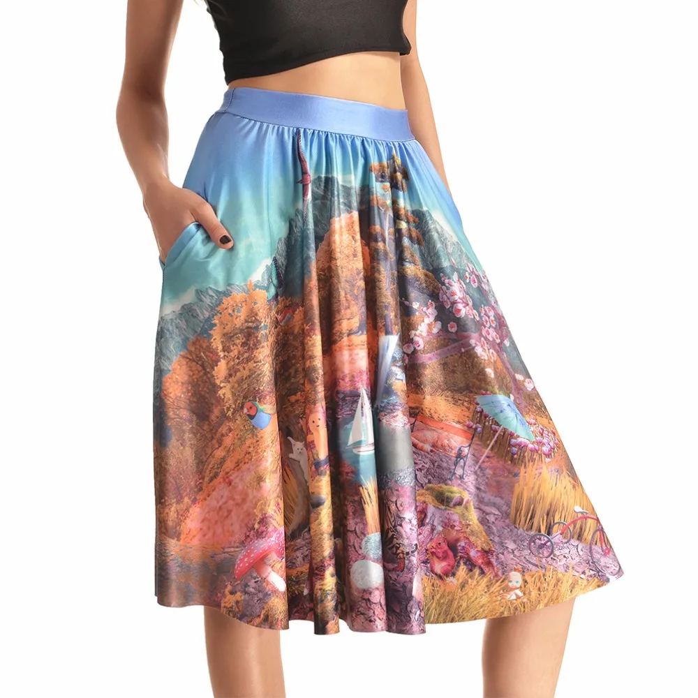 Pocket Skirts 2016 Fashion Women's Idyllic Mountain Scenery 3D Digital